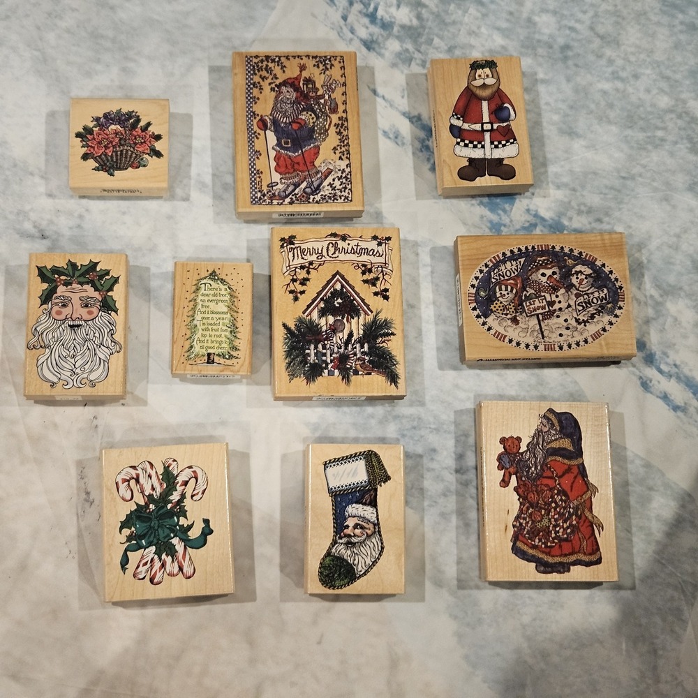 Vintage Christmas‎ Rubber Stamp Lot Wood Mounted Santa Snowman Holiday Set